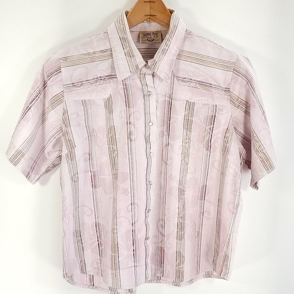 Moda Tech Shirt Top Junior's Large Multicolor Stripes Short Sleeve Snap Front - Picture 1 of 8